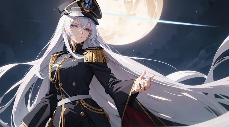 Masterpiece, best quality. 1 Anime lady ( woman), shes God who disguise as Commander. Look at viewers seriously. Stern looks  She wearing black epaulette dress, black commander hat, have glowing light blue eyes. She have very long white hair.  Theres God R...