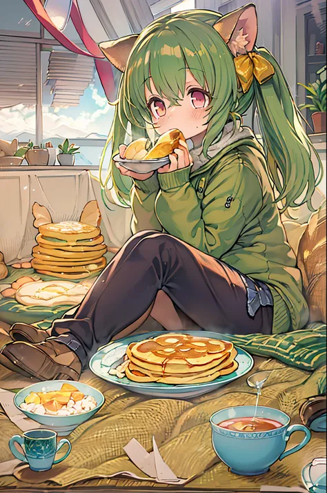 Sit under the kotatsu and eat pancakes、Anime girl drinking tea, pixiv, Cute Anime, In pixiv, anime food, cute anime catgirl, anime wallaper, Lori, trending in pixiv, hd anime wallaper, Cute anime girl, Anime visuals of cute girls, anime moe art style, Anim...