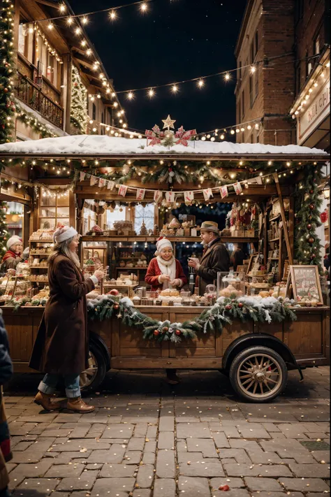 An AI-generated realistic scene of a bustling Christmas market with a vintage touch, featuring vendors selling handmade crafts, classic toys, and festive treats, transporting viewers to a simpler, more nostalgic time. photorealistic, hyperrealistic