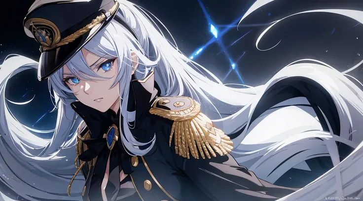 Masterpiece, best quality. 1 Anime lady ( woman), Solo, Look at viewers seriously. Stern looks. She wearing black epaulette dress, black commander hat, have glowing light blue eyes. She have very long white hair.  Theres God Ring behind her. Cinematic ligh...