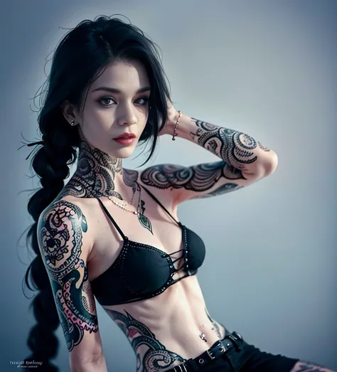 a close up of a woman with tattoos on her body, inked, tattooed body, tattoo all over body, Tattooed, tattoo all over body, tattoo all over body, anna nikonova aka newmilky, tattoo all over body, with tattoos, olga buzova, Alexandra Valishevska, Tattooed w...