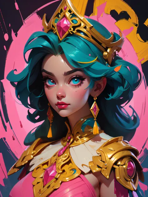 Symmetry, Finely Detailed Elaborate Ornate Forest Princess with Elaborately Detailed Colorful Eyes; by Lisa Frank, jeff koons, Orange and Pink, and Yellow and Teal, pretty face, intricate, elegant, highly detailed, digital painting, art station, concept ar...