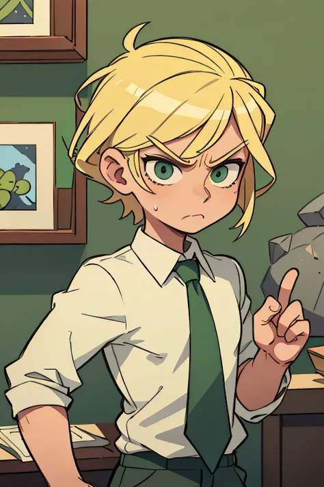 The guy with the blonde hair, Green eyes, Angry look, green tie on a background of a white shirt, stone wall in the room, Stones