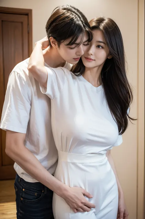 best qualtiy、​masterpiece、fidelity:1.3、超A high resolution、(Photorealsitic:1.4)、Couple hugging each other at the entrance（Year difference couple、The woman  tall:1.5、Man  a boy）、1 Most Beautiful Mature Woman in Japan（Obscene big breasts:1.4、Woman wearing a s...