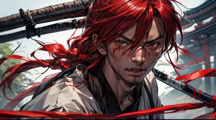 kenshin himura, Inspired by kenshin himura from samurai x, blood on face, random expression, red hair, long hair, katana in front his face , half body shot, photo (photorealism) (realistic) (ultra HD) (8k wallpaper), 1 person only, background in japan old