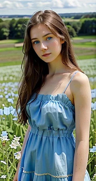 masterpiece, best quality, ultra-detailed), photo of a super beautiful girl 18 yo with realistic blue eyes and dark long brown hair, pale skin. in a field of flowers, looking over her shoulder at the camera, 58" tall, 34D breasts covered by modest baby blu...