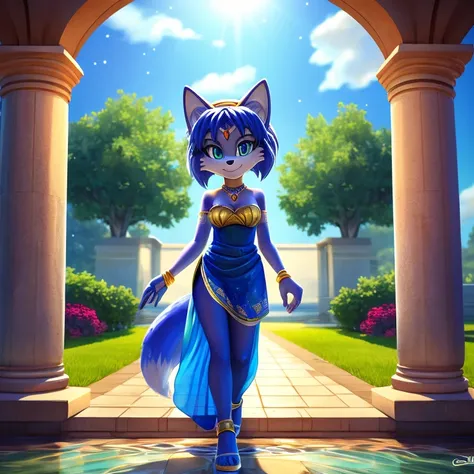 Krystal The Fox, blue fox, blue skin, fox tail, Beautiful, short hair, yellow hairband, smile, Jewelry, Blue Strapless Dress, Short Dress, Long White Gloves, Night, Stars, Looking at Viewer, walking, 2D illustration, A Background of a Roman pillars of Scen...