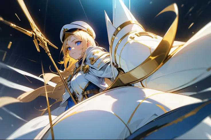 teens girl，golden hair，blue color eyes，White military cap，White-gold armor，white coat skierable white skin，Holding a golden bow，incredulouorningglow，dingdall effect