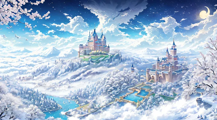 tmasterpiece、high high quality、actual、landscape shot、realistically、Detailed pubic hair、Just like photos、The castle shines in the sky、Castle of the Sky God、sky city castle、Glory Castle、Castle above the clouds、cherry tree々a lush castle，hemmed、Sakura blizzard...