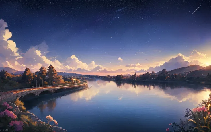 High-quality masterpieces, scenecy, ​​clouds, Cartoon train passing a body of water on the tracks in the distance, Bright starry sky. visitor, romantic lighting, pixiv, concept-art, Loepfe Art Style, Reflectors. Shinkai sincerely, Raffe Art, beautiful anim...