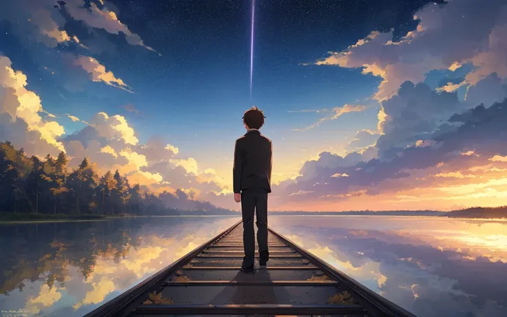 High-quality masterpieces, scenecy, ​​clouds, Cartoon train passing a body of water on the tracks in the distance, Bright starry sky. visitor, romantic lighting, pixiv, concept-art, Loepfe Art Style, Reflectors. Shinkai sincerely, Raffe Art, beautiful anim...