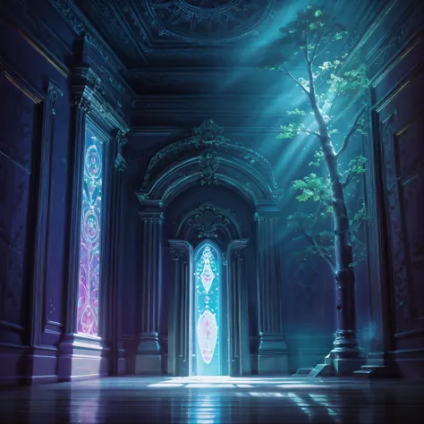 giant magical sanctuary room, magic lighting around walls, magic carvings on walls, ethereal atmosphere, intricate details, vibr...