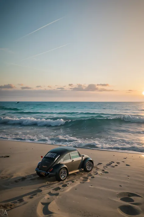 a black Volkswagen Beetle on the beach at sunset, Drawing anime graphic design, DESIGN PLANO, an off-road 1986 VW Beatle convertible, passing by the beach area, crystal clear water splashes, limpeza altamente detalhada, obra-prima fotorrealista, fotografia...