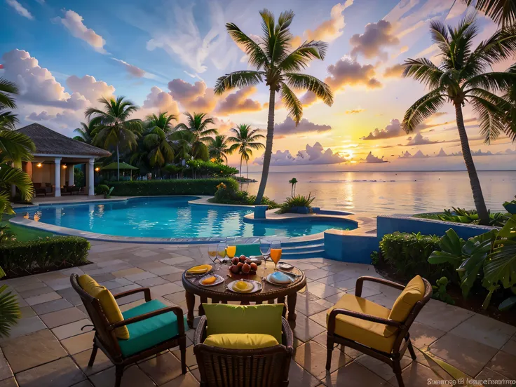 Imagine a vibrant tropical setting with an assortment of tantalizing fruits, exotic cocktails, and seafood delicacies. Highlight the freshness of the ingredients against a backdrop of palm trees, azure waters, and a setting sun. Infuse the image with a rel...