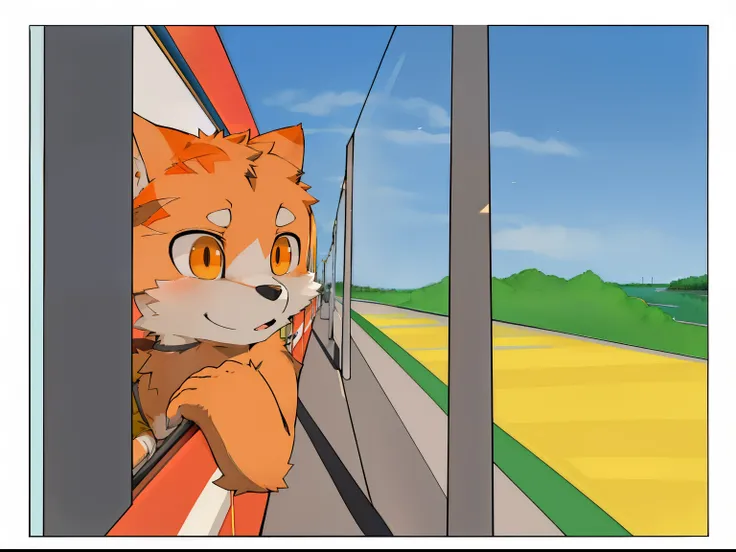 There  a painting，The painting  of a cat looking out the window, POV furry art, trains, animal art, The train  far, Look out the window, author：Naka Bokunin, anthropomorphic fox, professional furry drawing, Ferson, orange line, train window, Inspired by Ma...