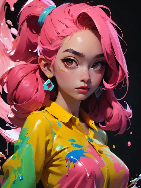 (Masterpiece, Best Quality, High Resolution), ((Paint Splash, Color Splash, Splash of Ink, Color Splash)), Sweet Chinese Girl, Rainbow Hair, Pink Lips, Front, Upper Body