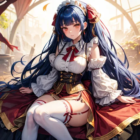 downblouse,one woman,indianred skirt,blouse,gold maid uniform,white maid apron,black garter belt,tattered clothes,indianred headband,tall of a person,mediumslateblue hair,eyes,ruins,goldenrod ribbon,illustration style,anime style,illustration,Russian,(drea...