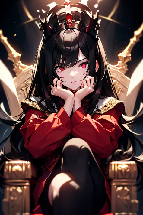 scene:0.9, (masterpiece), (((ultra detailed, 8k quality))), high quality, (a girl in a school uniform, sitting with her legs crossed on a throne), ((wearing golden crown)), (long black hair, side bangs), (full body:0.7), ((torso)), perfect fingers, (hands ...