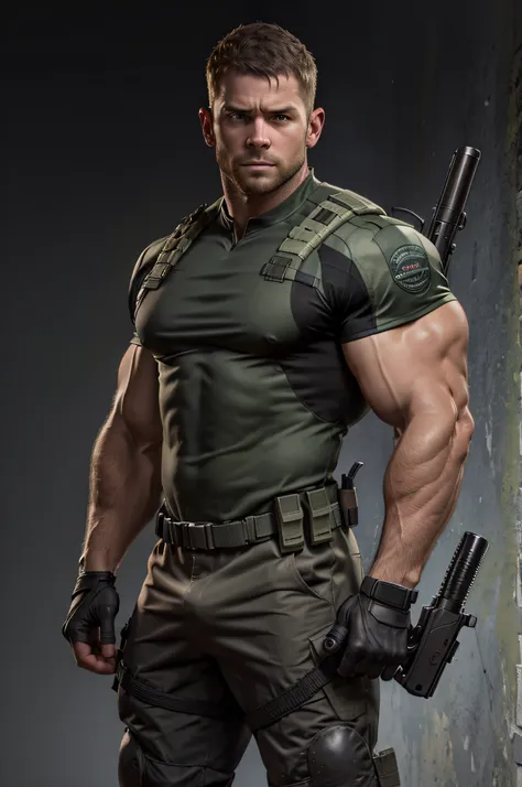 1 man, solo, 35 year old, chris redfield, wearing a green t-shirt, serious face, looking at the camera, white color on the shoul...