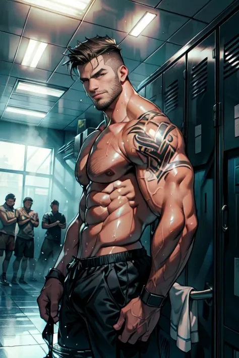 (best quality,4k,highres,masterpiece:1.2),ultra-detailed,realistic:1.37,men,locker room,taking off clothes,handsome,athletic build,wet bodies,sweat glistening on skin,glistening muscles,rippling abs,shadows and highlights,toned backs,broad shoulders,define...