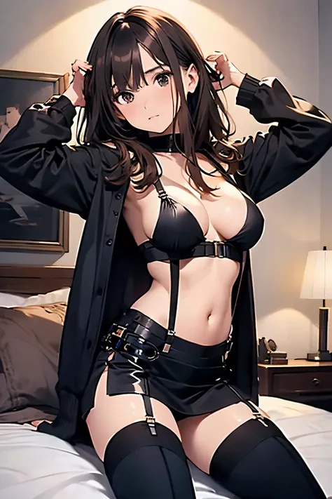 Brown hair、watching at viewers　　　black suspenders　　　Bulging big breasts　　 　 　　　walls: 　Black miniskirt　garters　　　　　　Gaze　　　Small face　bangss 　　　holster　　　Beautuful Women　　hands up　　Leg holster lying on the bed　　Gaze 　black boots panty shot