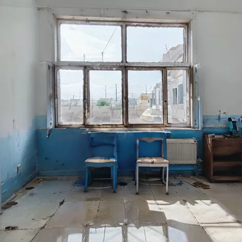 Abandoned room with two square windows with rectangular frame with white and blue light, mesa rota, silla rota, archivadores rotos, hiperrealista, 8k, iso800, Photo Award