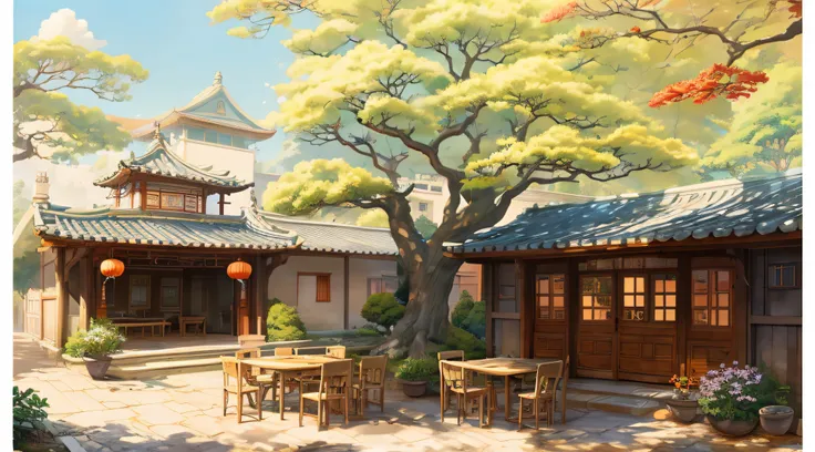 Draw a courtyard with a table, a chair, and a tree, Chinese courtyard, english house structure, Warm late autumn warm colors, Table and chairs in the courtyard, Fruit plate on the table, flowers and plants around, Beautiful artistic illustration, landscape...