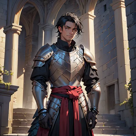 ​masterpiece, Best Quality, 4k, Very detailed, 1 person(((waist up))), Background with:In front of the stairs of a medieval castle built into a cliff, Black-haired man, (((Armor made of dragon scales)))