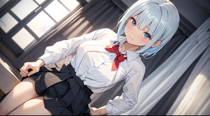 Best quality at best,On the table，despise, The upper part of the body，strands of hair,lightblue hair，White hair，with pink hair,‎Classroom，smallunderboob、Red blush, the bow, red bowtie, longer sleeves, The shirt, collared shir, a skirt, pleatedskirt, Black ...