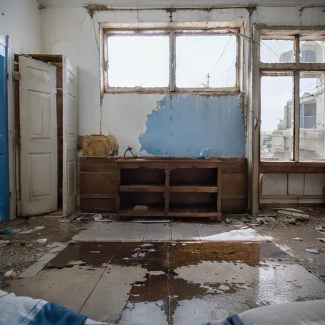 Abandoned room with two square windows with rectangular frame with white and blue light, archivadores antiguos, hiperrealista, 8k, ISO800, Photography Award