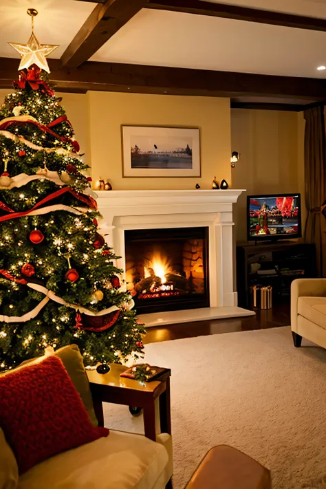 Room with Christmas tree and fireplace。