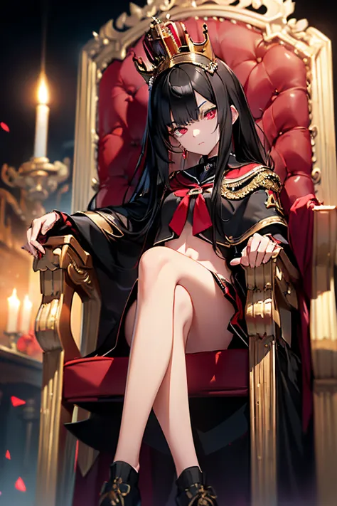 scene:0.9, (masterpiece), (((ultra detailed, 8k quality))), high quality, (a girl in a school uniform, sitting with her legs crossed on a throne, armrests), ((wearing golden crown)), (long black hair, side bangs), (full body:0.7), ((torso)), perfect finger...