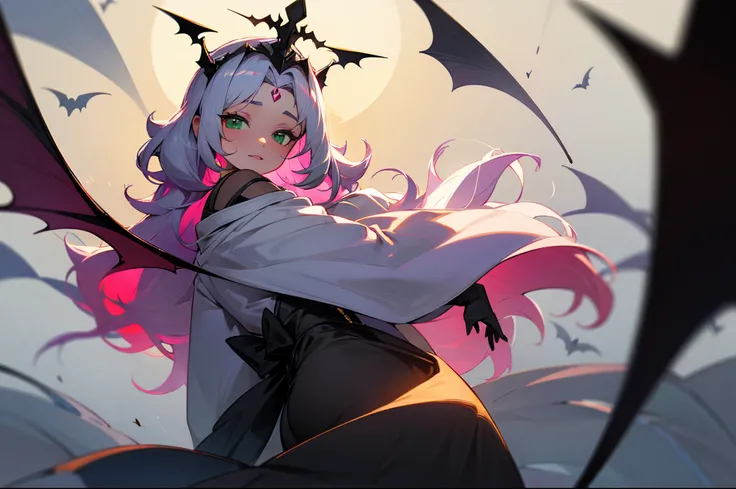 Teenage girl，one with pink hair，Long gray hair，curlies，A princess，White silver sapphire crown，sun mark on forehead，Black bat wings，green-eyed，Golden bats