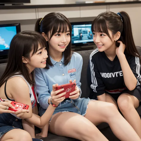 Two cute girls playing on Nintendo Switch, High school students, Large interior, big tv