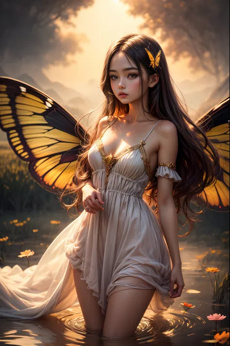 "((innocent)) girl, golden hour, dreamy meadow, ethereal, whimsical, flowing dress, soft sunlight, enchanting, butterfly wings, ...