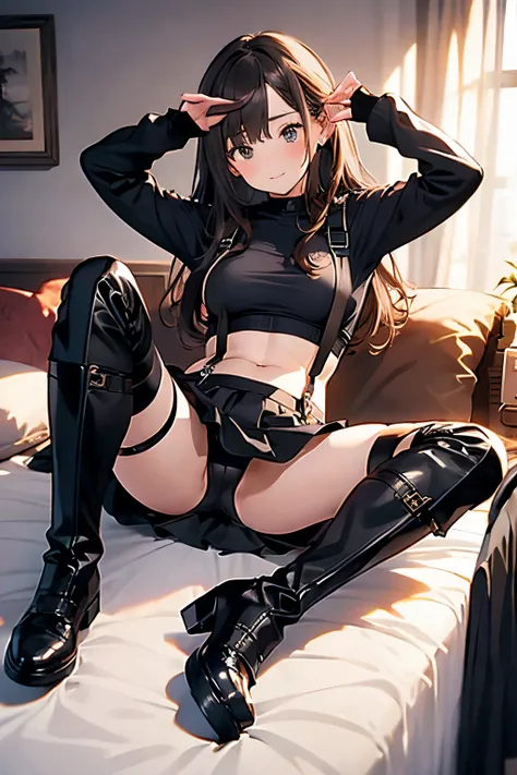 Brown hair、watching at viewers　　　black suspenders　　　Bulging big breasts　　 　 　　　walls: 　Black miniskirt　garters　　　　　　Gaze　　　Small face　bangss 　　　holster　　　Beautuful Women　　hands up　　Leg holster lying on the bed　　Gaze 　black boots panty shot