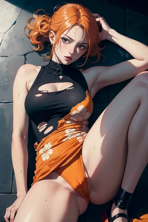 ((Photorealistic:1.4, UHD, masterpiece, high resolution)), nami from one piece, two tone bright orange hair, perfect face, (torn clothes, sweat), fullbody:1.4, masterpiece, kunoichi outfit, mini dress, sleeveless and with a floral pattern, ((pov, pov hand,...