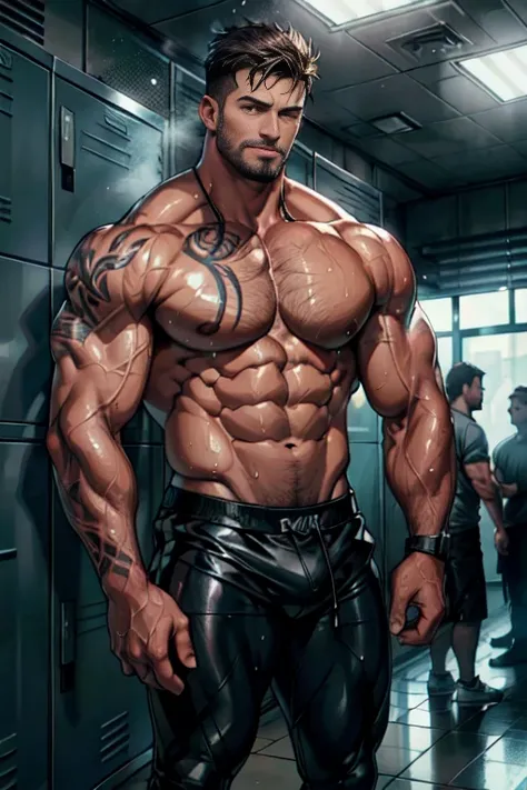 (best quality,4k,highres,masterpiece:1.2),ultra-detailed,realistic:1.37,men,locker room,taking off clothes,handsome,athletic build,wet bodies,sweat glistening on skin,glistening muscles,rippling abs,shadows and highlights,toned backs,broad shoulders,define...