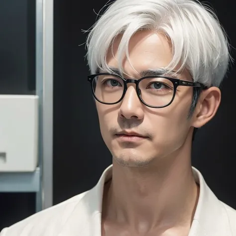 Japan man in his 40s, White hair, Short hair, Wearing glasses