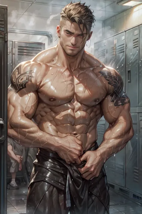 (best quality,4k,highres,masterpiece:1.2),ultra-detailed,realistic:1.37,men,locker room,taking off clothes,handsome,athletic build,wet bodies,sweat glistening on skin,glistening muscles,rippling abs,shadows and highlights,toned backs,broad shoulders,define...