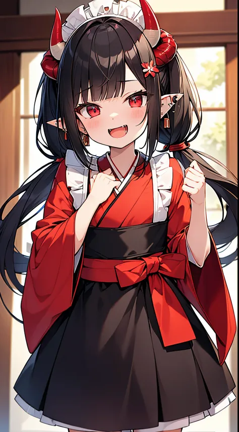 (8K、Top image quality、top-quality、​masterpiece)、1 loli、Black hair twintails、demonic horns、Pointed ears、piercings、red eyes、Show your fangs and laugh、Smaller chest、((kimono maid))、cowboy  shot、Coffee shop background