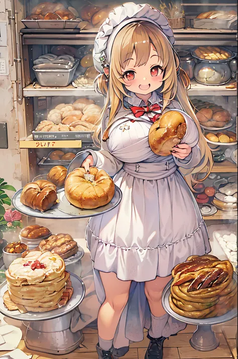 女の子1人、huge-breasted、kawaii、bbw、thick thight、big butts、ultramammy,pleatedskirt、bakery、baker、along with koppa bread、a big smile