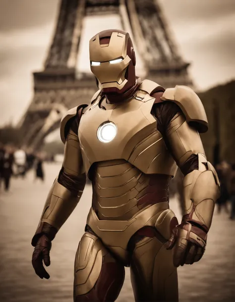 Documentary style, First appearance of Robert Downey Jr. dressed as Iron Man at Paris World Fair 1889, Victorian Futurism daguerreotype, sepia tone, used and etched and grainy film, very detailed faces and features, style raw