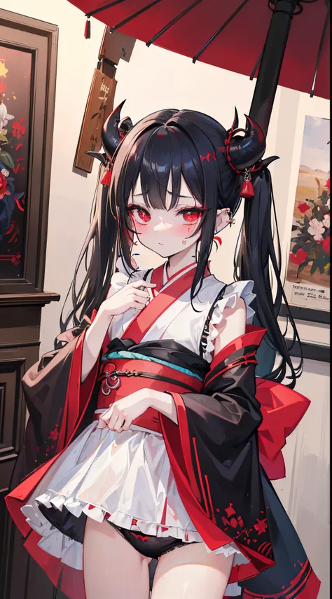 (8K、Top image quality、top-quality、​masterpiece)、1 loli、Black hair twintails、demonic horns、Pointed ears、piercings、red eyes、red blush、Troubled face、Teary-eyed、Smaller chest、((kimono maid))、((black panties))、cowboy  shot、Taken from below、Coffee shop backgroun...