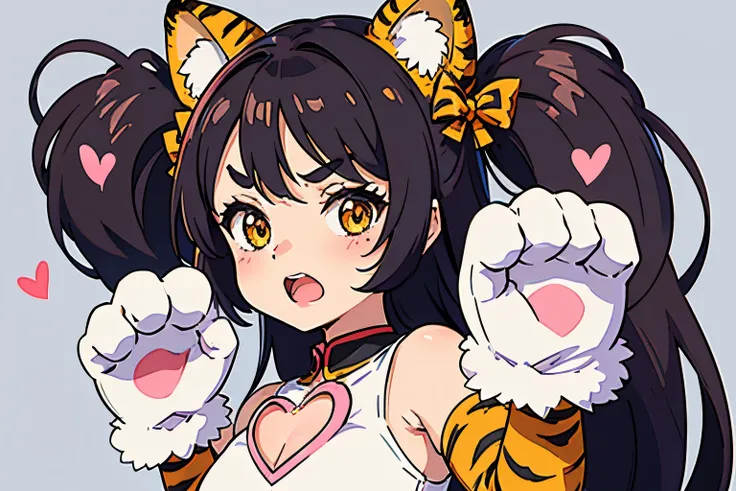 rameters girl wearing a fluffy tiger costume, tiger’s paw gloves, pose pose, threatening, v-shaped eyebrows, open mouth,.loli, cute, upper body, spoken heart, heart back ground, The background is a simple white wall,.（cute illustration:1.2）, high-resolutio...