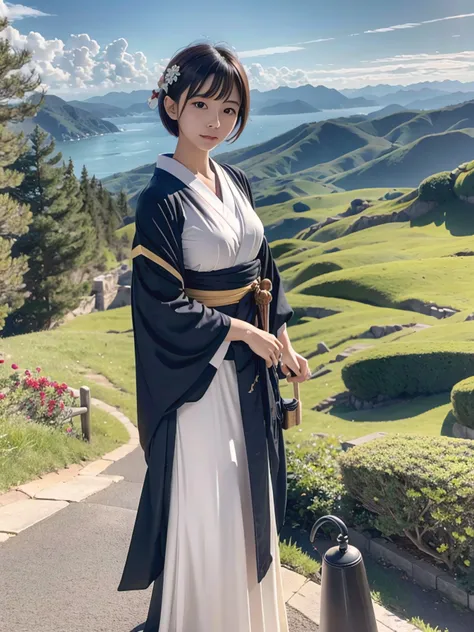 create something extremely realistic, picture-like images, japan full body shot of a woman. she has a short haircut with very li...