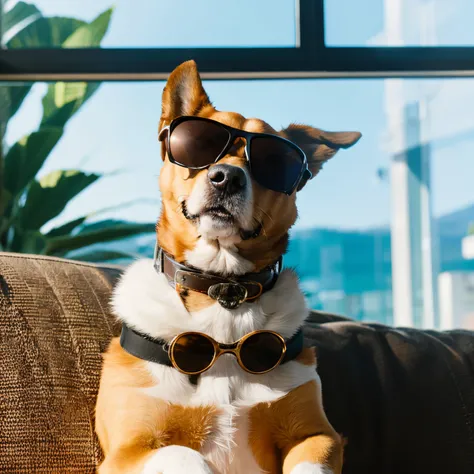 Intelligent dog wearing sunglasses sitting on the sofa