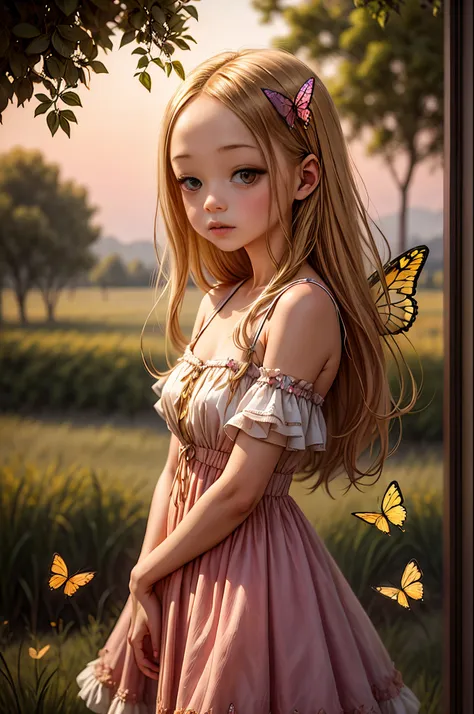 "((innocent)) girl, golden hour, dreamy meadow, ethereal, whimsical, flowing dress, soft sunlight, enchanting, butterfly wings, ...