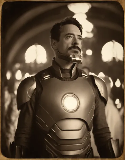 Documentary style, First appearance of Robert Downey Jr. dressed as Iron Man at Paris World Fair 1889, Victorian Futurism daguerreotype, sepia tone, used and etched and grainy film, very detailed faces and features, style raw