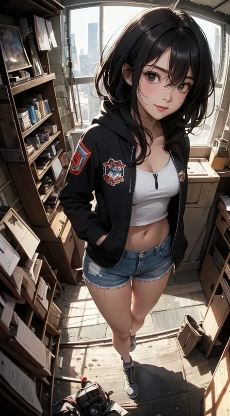 ((8k wallpaper of extremely detailed CG unit, ​masterpiece, hight resolution, top-quality)), (Beautuful Women, Smile, Hands in pockets:1.8, Grunge Fashion, wearing a zippered hoodie:1.2, Wearing micro mini shorts:1.2, Wearing shoes:1.1), ((extra detailed f...